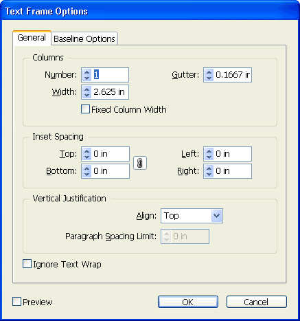 Customize your text frame options.