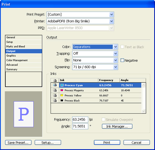 Use the output settings to print separations.