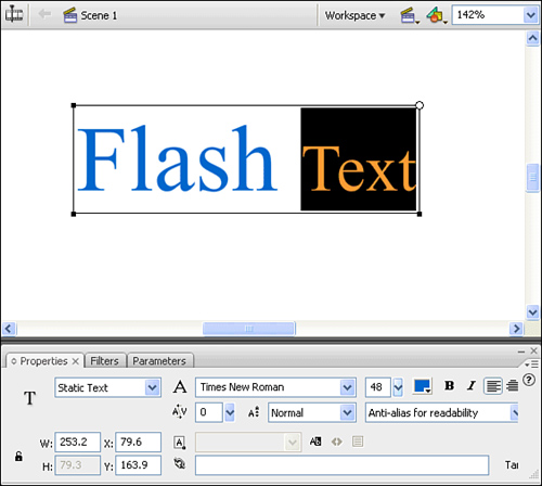 The Properties panel enables you to change text attributes such as font size and color.