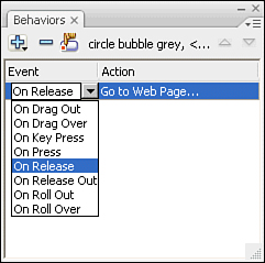 The Behaviors panel lets you change the event trigger without affecting the underlying code.