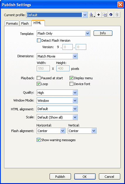 Fine-tune your finished movie’s settings using the Publish Settings option.