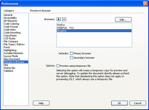 Configure Dreamweaver to use any browsers that are on your system.