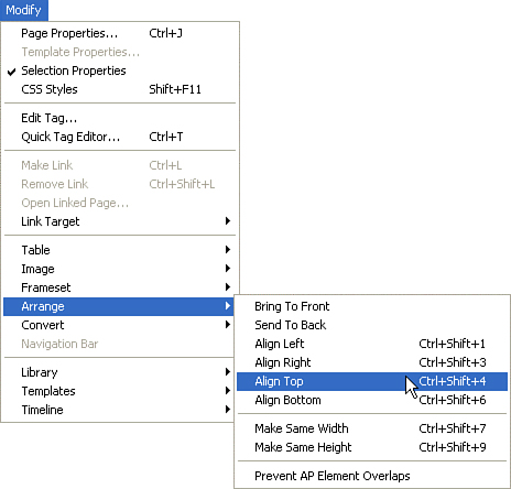 The Modify menu’s Arrange submenu has commands for aligning hotspots.