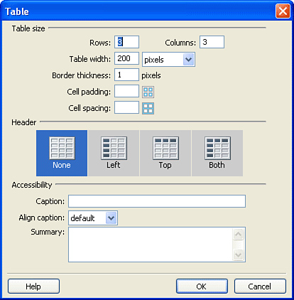 The Table dialog box allows you to set the initial values of the table. You can always edit these values in the Properties panel later.