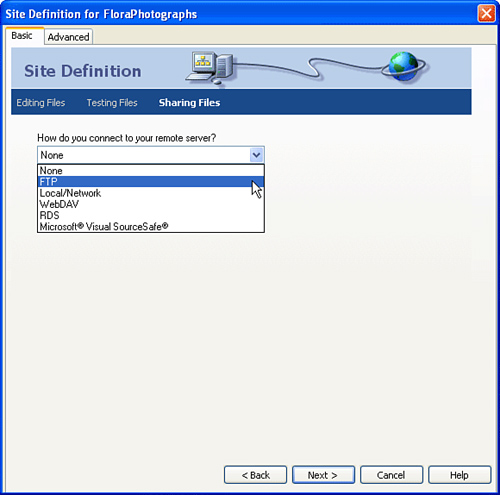 You set up the remote site definition in the Sharing Files section of the Site Definition Wizard.