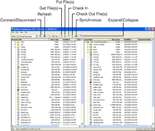 The buttons at the top of the Files panel help you transfer files between the local and remote sites.