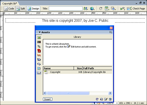 To add content to a library item, you open it in a separate Dreamweaver Document window. The window shows <<Library Item>> in the title bar.