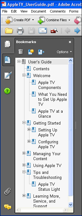 The Bookmarks panel displays any bookmarks set within the document.