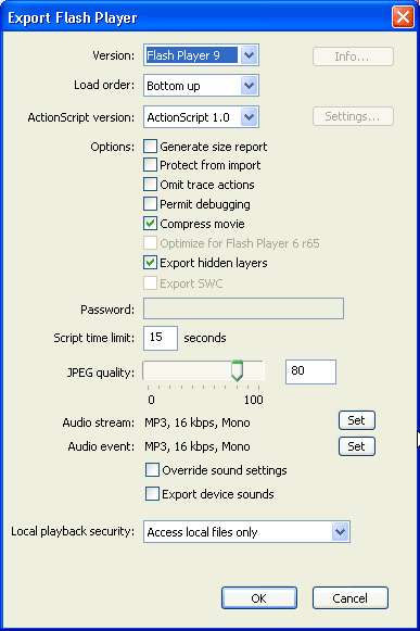 When exporting, you can choose from a wide range of options—most importantly, which version of Flash.