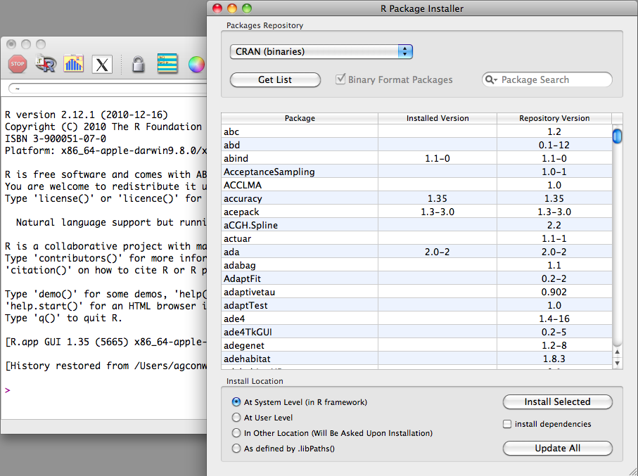 Installing R packages using the GUI interface