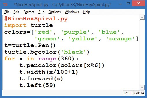 NiceHexSpiral.py, a short Python program that draws the spiral in