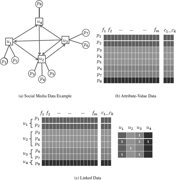 Figure showing typical linked social media data and its two representations.