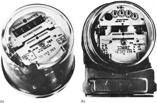 Figure showing typical polyphase (electromechanical) watthour meters: (a) self-contained meter (socket-connected cyclometer type).