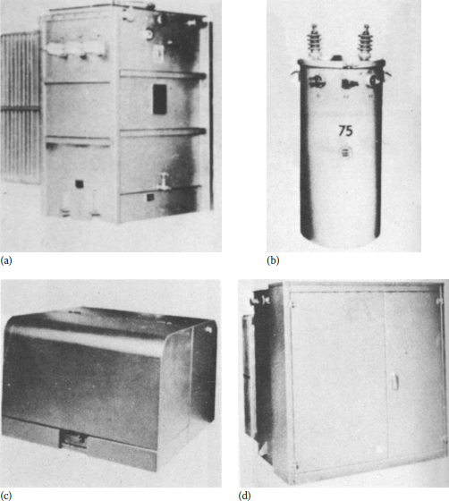 Figure showing various types of transformer: (a) a typical secondary unit substation transformer, (b) a typical single-phase pole-type tansformer, (c) a single-phase pad-mounted transformer, and (d) three-phase pad-mounted transformer.