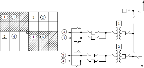 Figure showing rectangular-type development with two transformers, type 1.