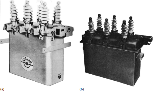 Figure showing typical three-phase hydraulically controlled automatic circuit reclosers: (a) type 6H or V6H and (b) type RV, RVE, RX, RXE, etc.
