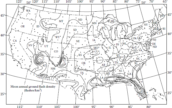 Figure showing the ground flash density of the United States.