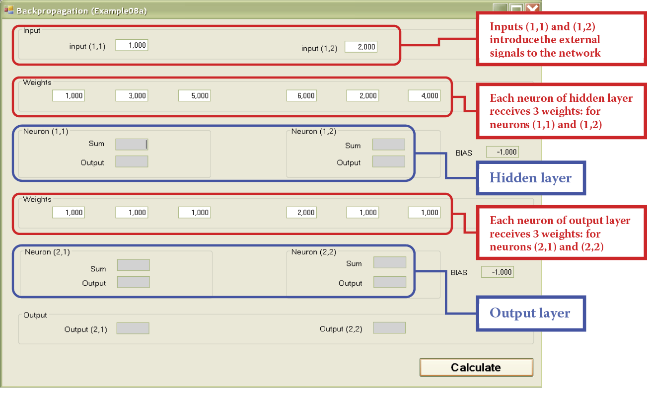 Image of etting parameters and input signals for network in Example 08a program