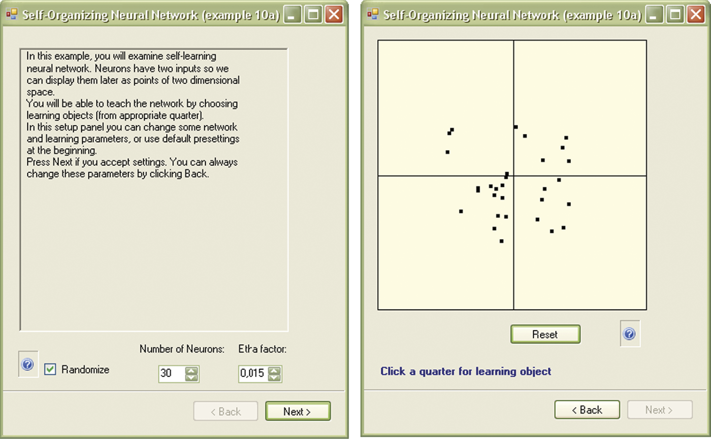 Image of Initial window showing parameters (at left) and locations of points representing neurons after Example 10a program is run