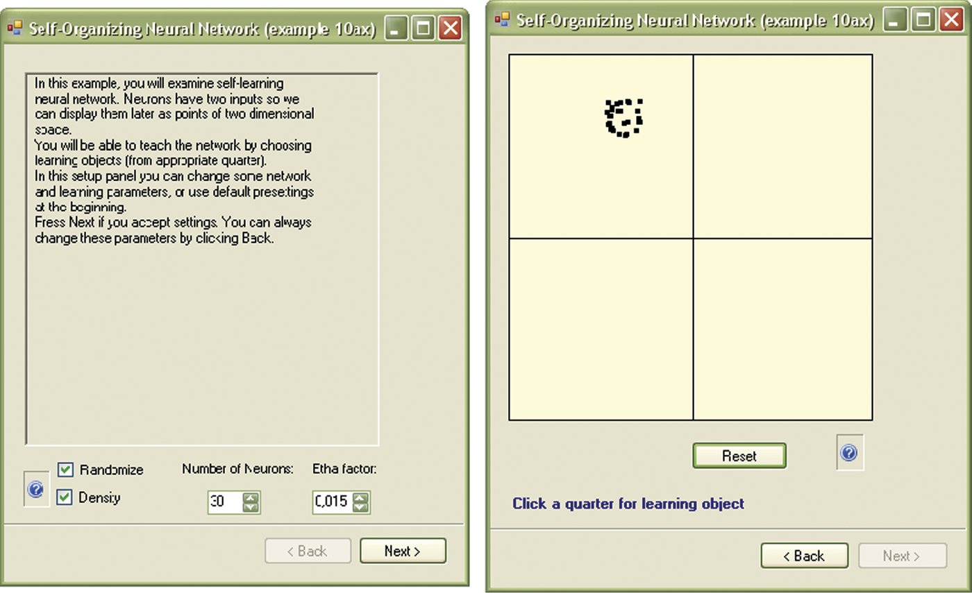 Image of Initial window with parameters (left) showing effect of drawing initial values of weight vectors in Example 10ax program