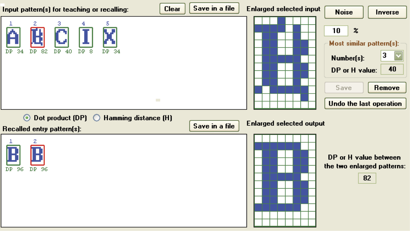 Image of Images available in enlarged selected input and enlarged selected output, and their likelihood metrics (DP or H values between enlarged patterns)