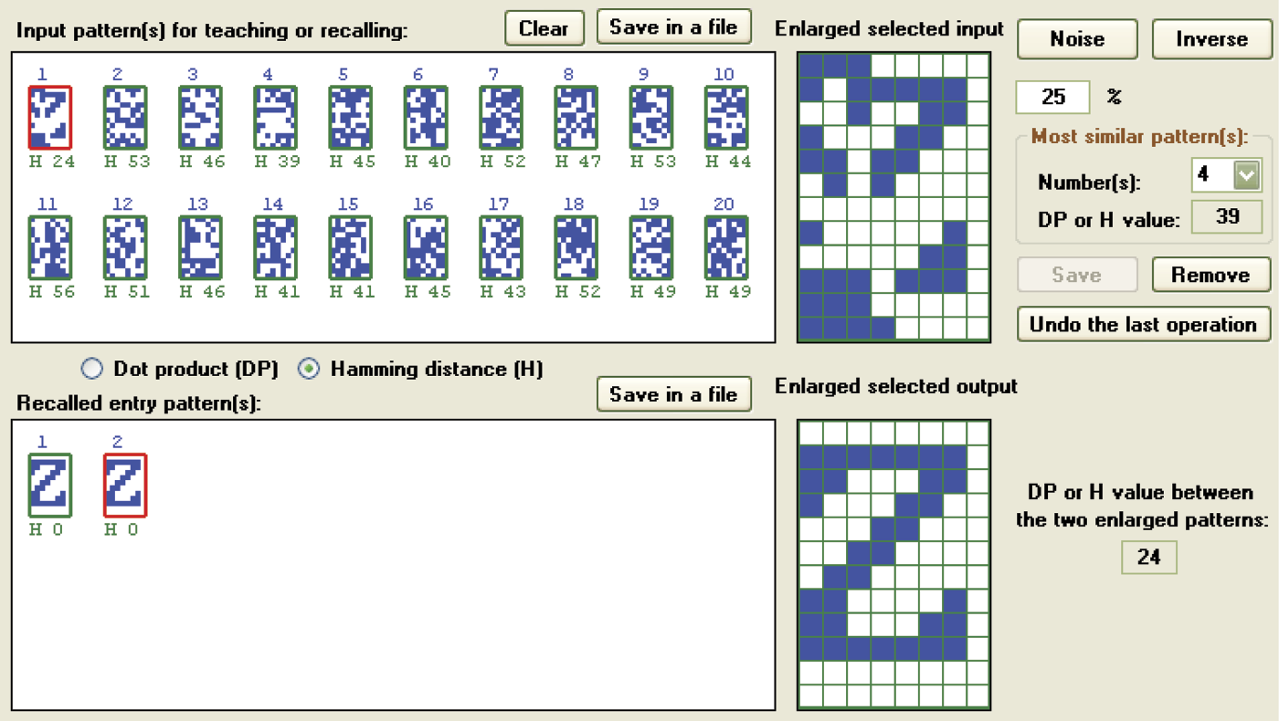 Image of Correct recall of letter Z pattern in which 24 randomly selected pixels (25% noise) were changed