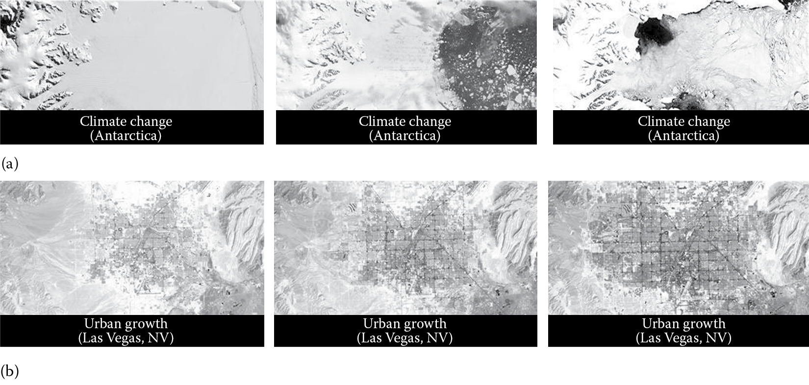 Images of (a) An example of using Landsat satellite images to study global climate change. (b) An example of using Landsat satellite images to study the urban growth of Las Vegas, NV