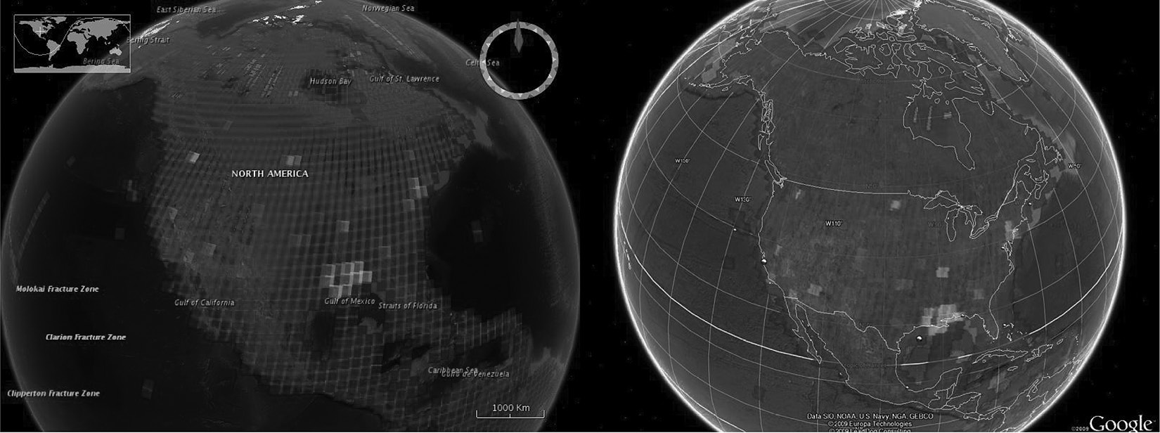 Image of Visualization of EROS global download requests in NASA World Wind (left) and Google Earth (right)