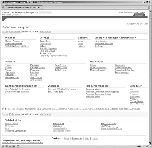 Oracle Enterprise Manager—Administration Tab