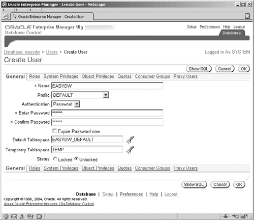 Oracle Enterprise Manager—Create User Screen