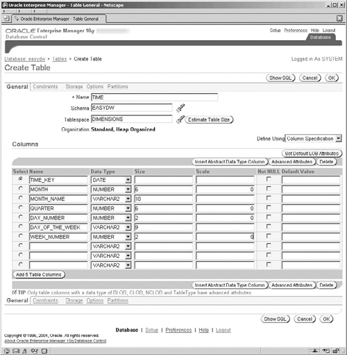 Oracle Enterprise Manager Console—Create Table