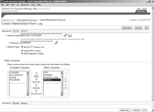 Creating a Materialized View Log in Oracle Enterprise Manager