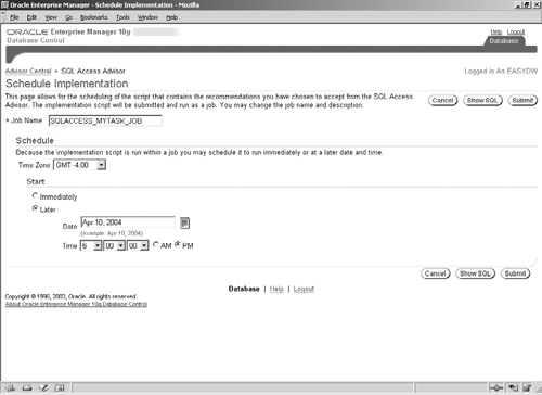 SQL Access Advisor: Schedule Implementation