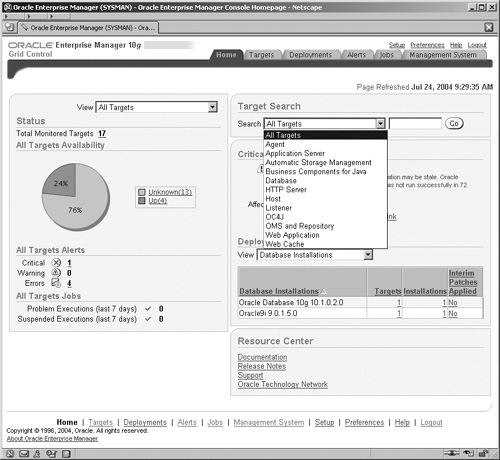 Enterprise Manager Grid Control Screen