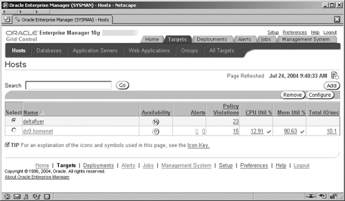 Enterprise Manager Target Hosts Screen