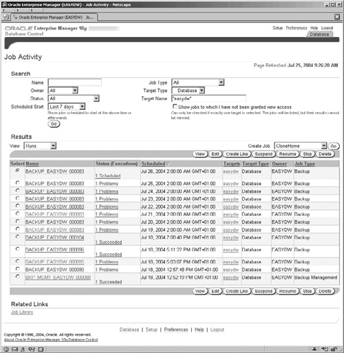 Enterprise Manager Job Activity Screen