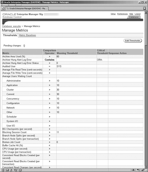 Enterprise Manager Manage Metrics Screen