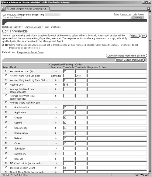 Enterprise Manager Threshold Screen