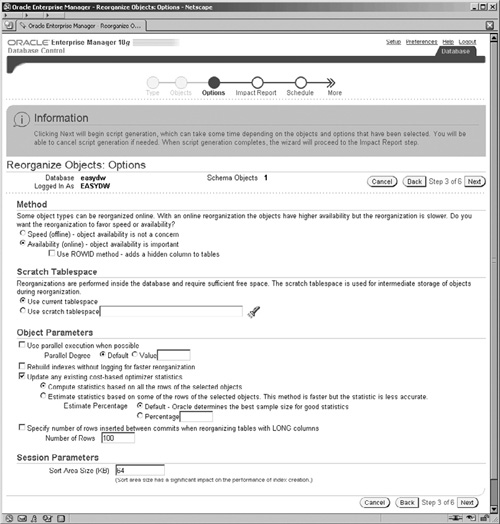 The Enterprise Manager Reorganize Objects Options Screen