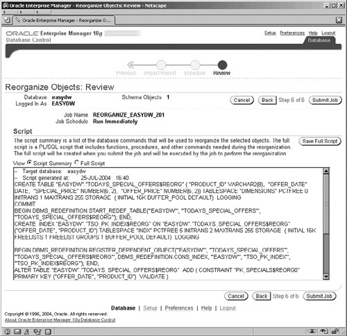 The Enterprise Manager Reorganize Objects Options Review Screen