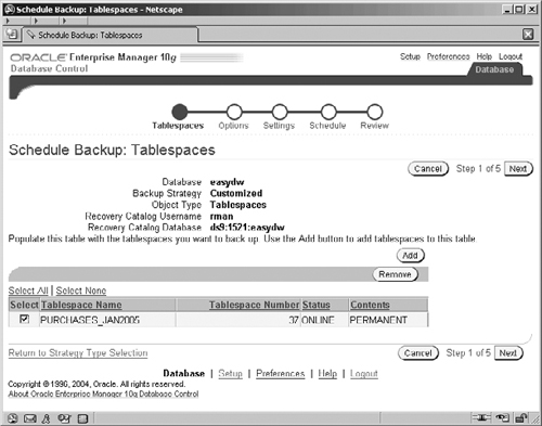 Selecting a Tablespace to Back Up