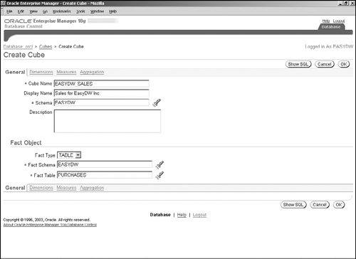 Creating a Cube in Oracle Enterprise Manager