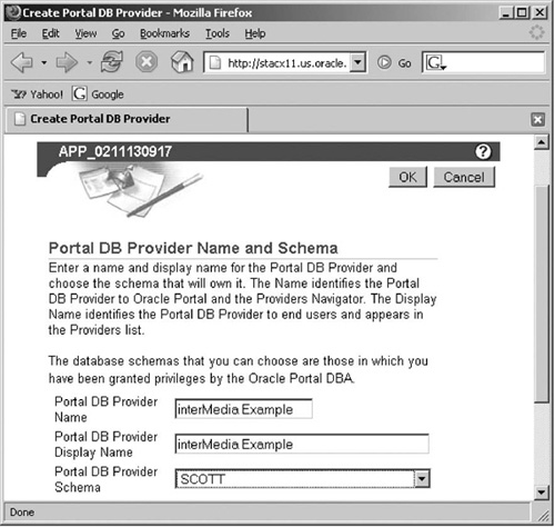 Oracle Portal CREATE DATABASE Provider