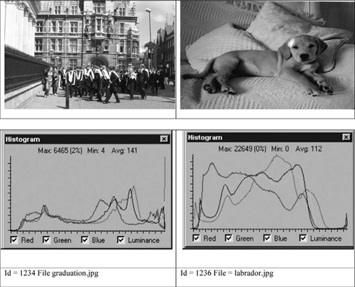 Images and color histograms.