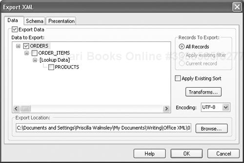 Access dialog for exporting data as XML