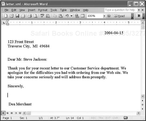 Typical customer letter, rendered by Word
