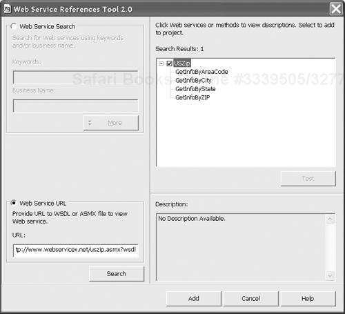 The Web Services Reference Tool showing available services and operations