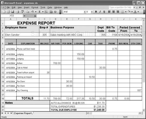 The expense worksheet (expenses.xls)