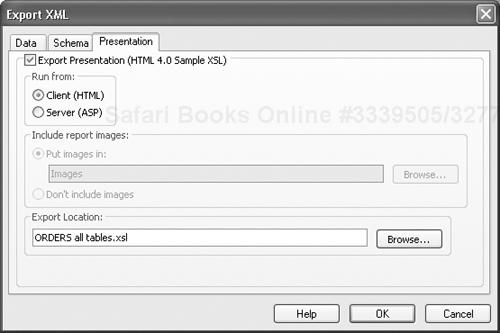 The Presentation tab of the Export XML dialog