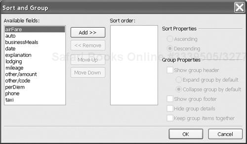 The Sort and Group dialog